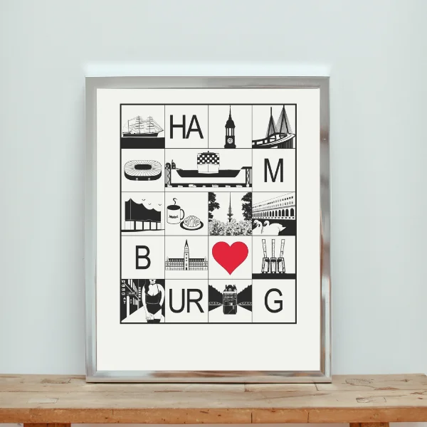 Hamburg Stadtmosaik Poster schwarz weiß mit rotem Herz