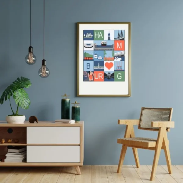 Hamburg Poster Stadtmosaik mit verschiedenen kleinen Hamburg Motiven