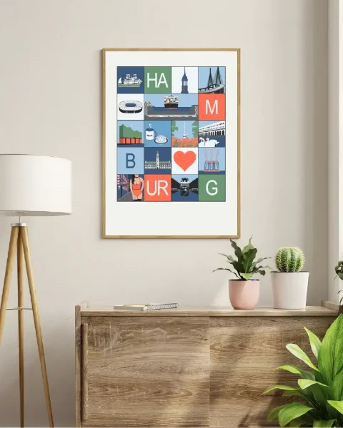Hamburg Poster Stadtmosaik orange blau grün mit Rickmer Rickmers und Michel