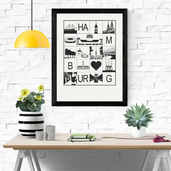 Hamburg Poster Stadtmosaik schwarz weiß mit schwarzem Herz