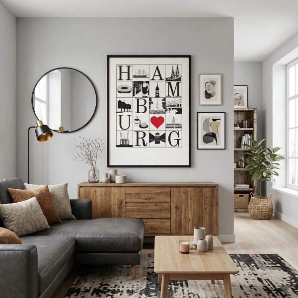 Hamburg Poster schwarz weiß mit rotem Herz und typischen Hamburger Motiven