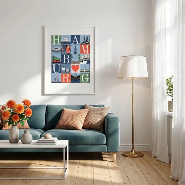 Hamburg Grafikposter Wahrzeichen orange blau grün