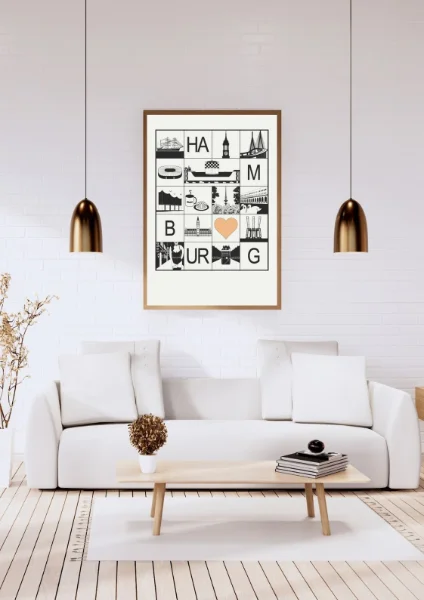 Hamburg Stadtmosaik Poster schwarz weiß mit Herz in beige