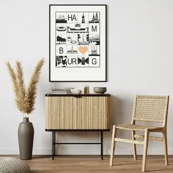 Hamburg Stadtposter schwarz weiß mit beige in kleinen Quadraten