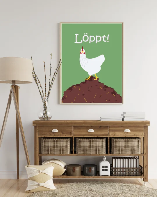 Poster Huhn mit plattdeutschem Spruch