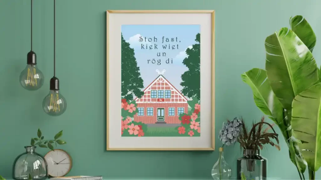 Poster mit Fachwerkhaus im Alten Land an grün gestrichener Wand