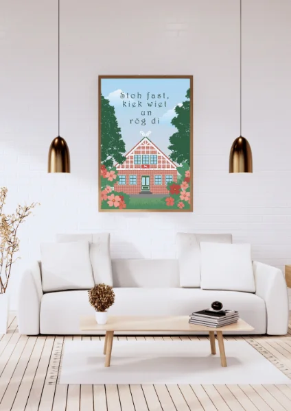 Altes Land Poster mit Spruch über cremefarbenem Sofa