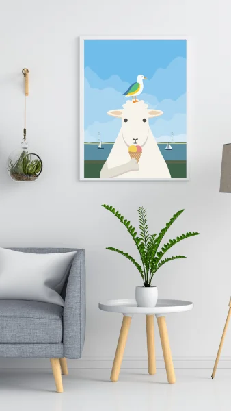 Schaf und Möwe - Deich. Eis. Cool. Poster