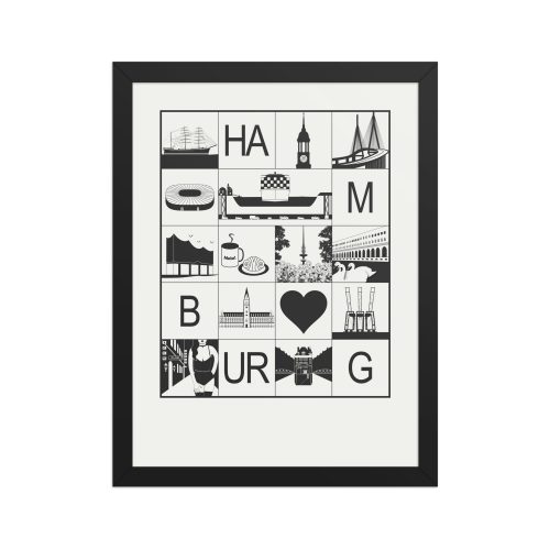 Gerahmtes Poster Stadtmosaik Hamburg (schwarz-weiß und schwarzes Herz)