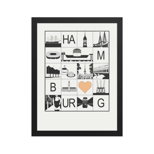 Gerahmtes Poster Stadtmosaik Hamburg (schwarz-weiß und sandbeiges Herz)