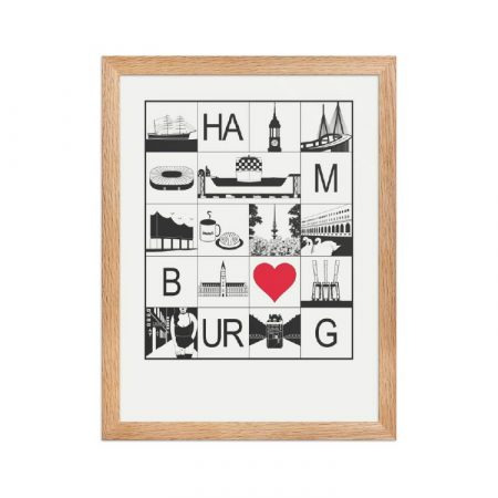 Hamburg Stadtmosaik mit rotem Herz und Holzrahmen