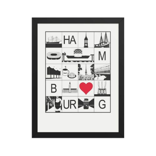 Hamburg Stadtmosaik mit rotem Herz und schwarzem Rahmen