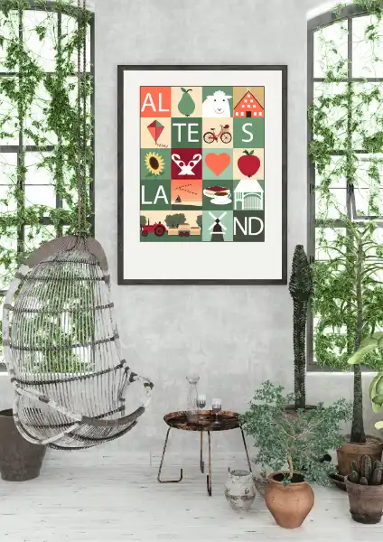 Altes Land Herbst Poster in Zimmer mit Grünpflanzen
