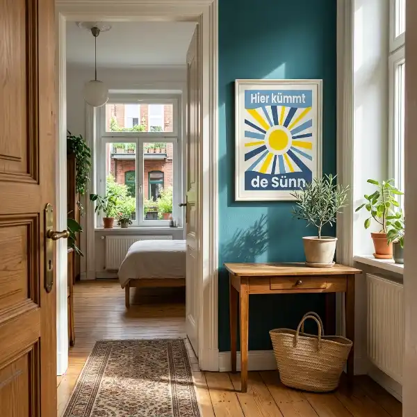 Poster blau-gelb Here comes the sun auf plattdeutsch 
