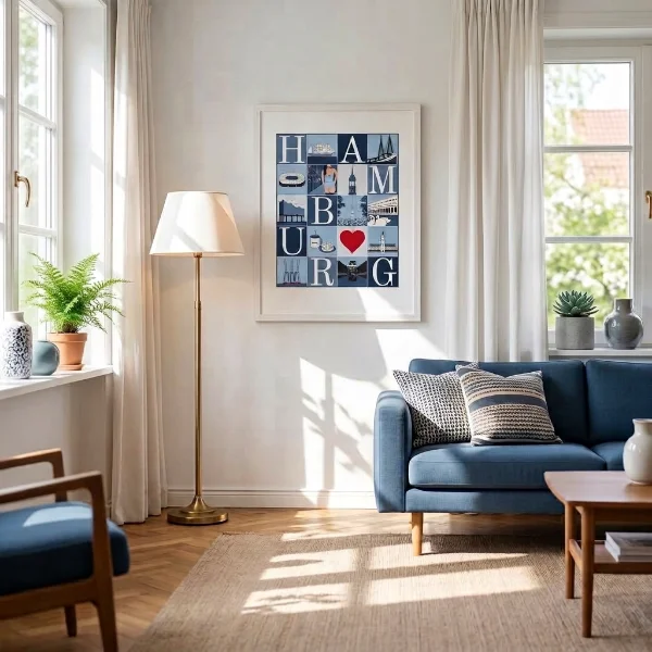 Hamburg Grafikposter Hamburger Wahrzeichen blau, weiss, rot