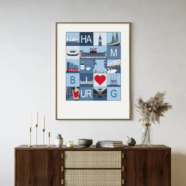 Hamburg Poster Mosaik aus verschiedenen Motiven blau weiß rot