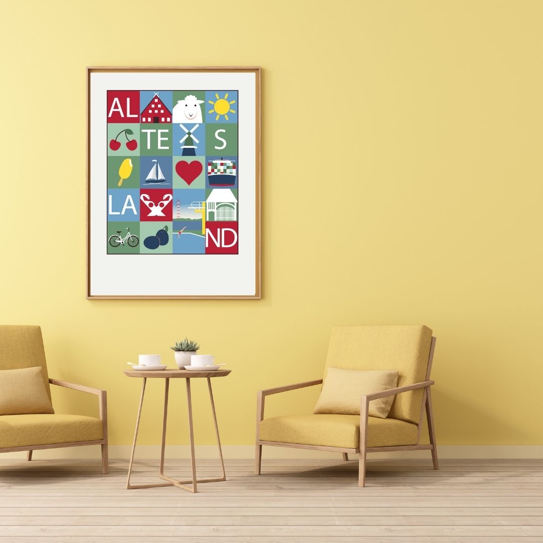 Altes Land Sommer Grafikposter vor gelber Wand