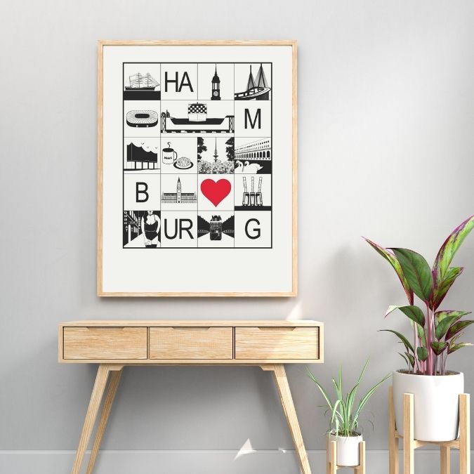 Hamburg Grafikposter schwarz weiß mit rotem Herz