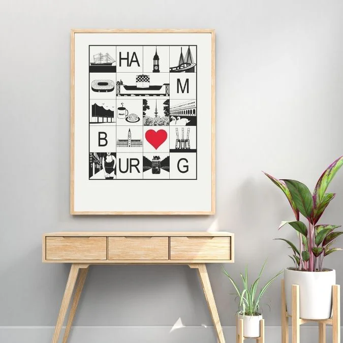 Hamburg Grafikposter schwarz weiß mit rotem Herz