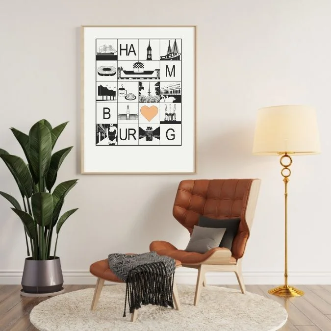 Hamburg Grafikposter schwarz weiß und beige