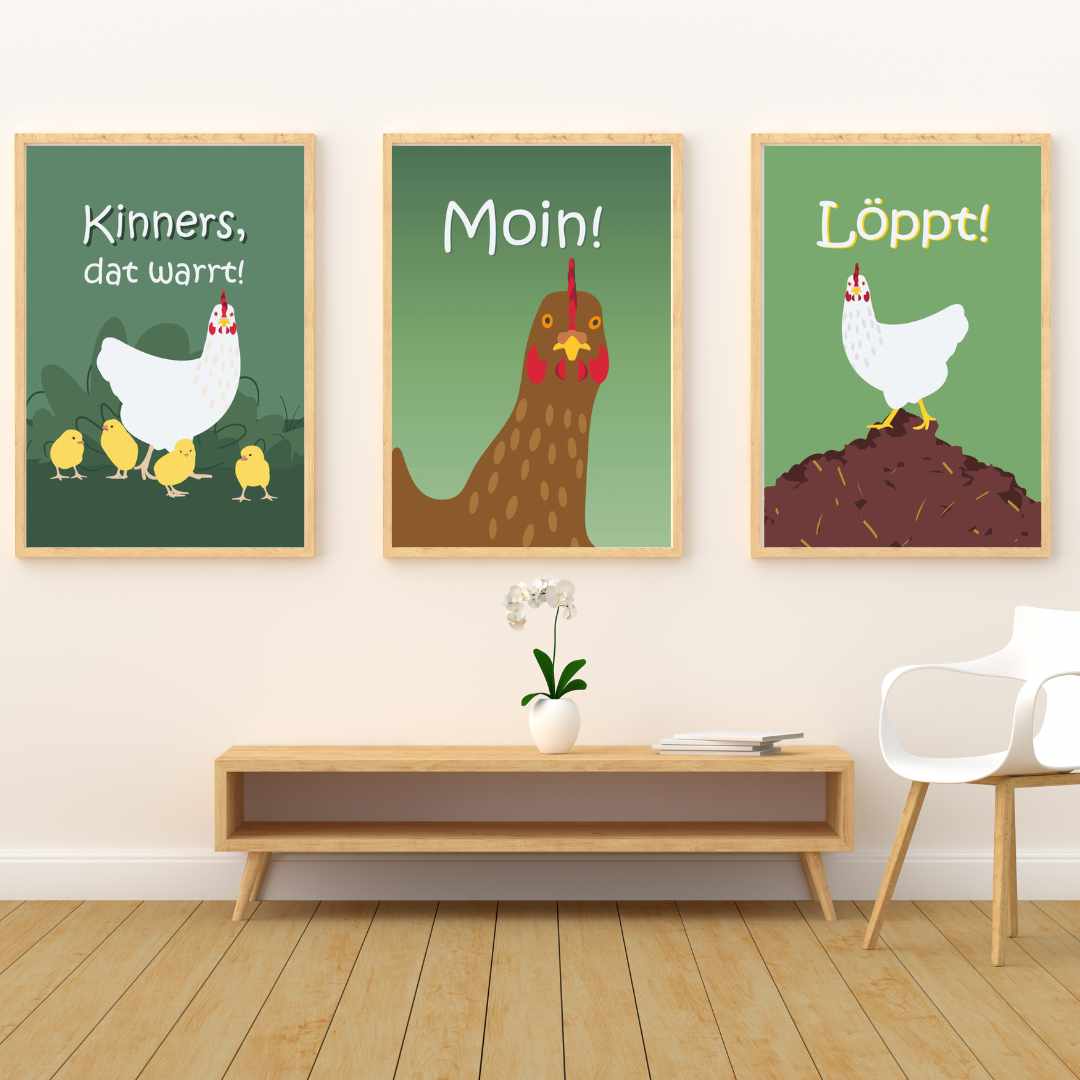 Huhn Grafikposter mit plattdeutschem Spruch