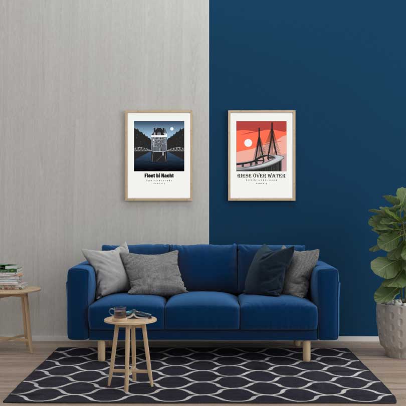 Minimalistische Grafikposter Speicherstadt und Köhlbrandbrücke Hamburg