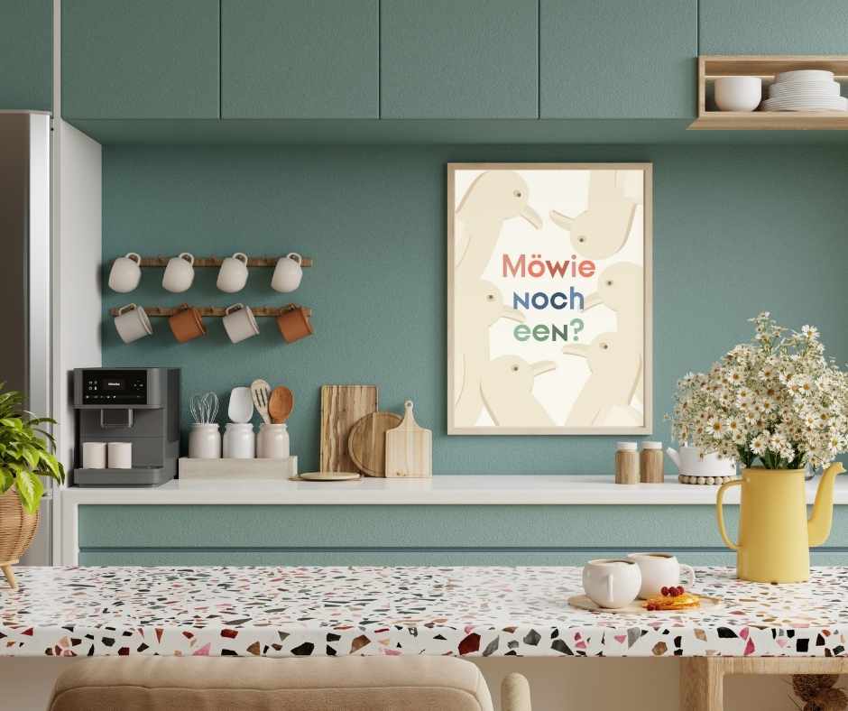 Poster mit Möwe und Spruch: Möwie noch een