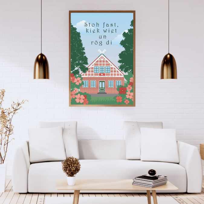 Poster Altes Land Fachwerkhaus mit plattdeutschem Spruch