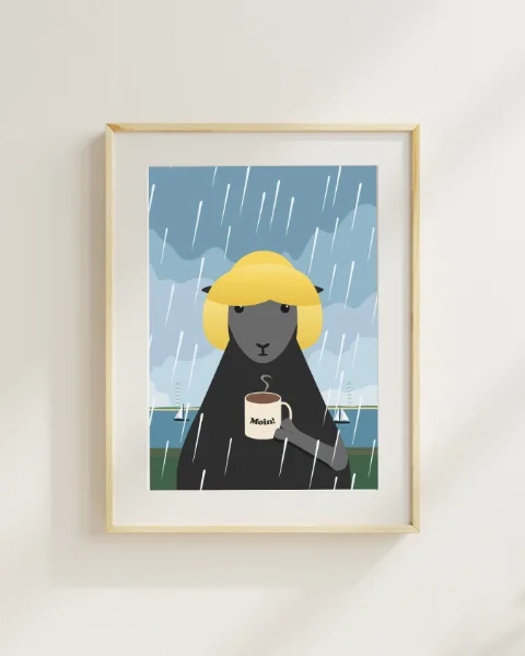 Poster Schaf mit Kaffeebecher