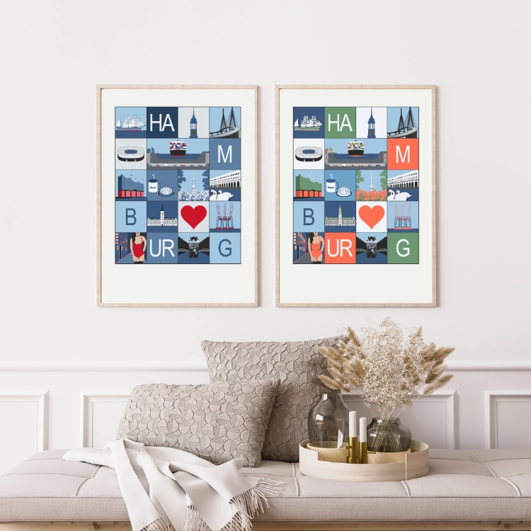 Hamburg Städteposter von Bunte Möwe in verschiedenen Farben