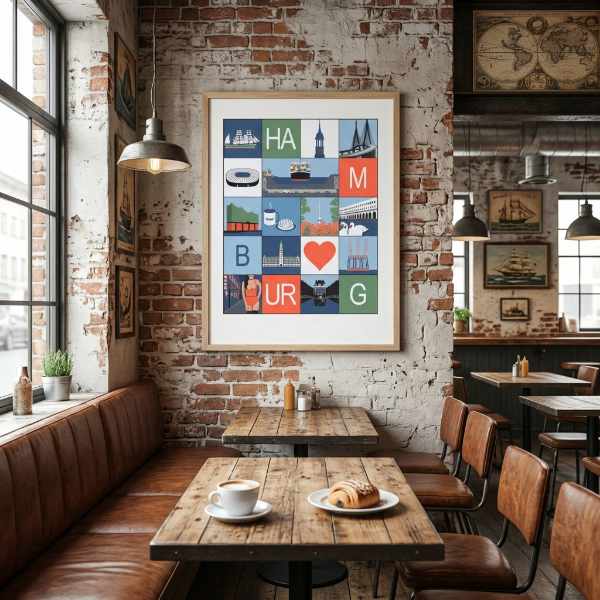 Hamburg Grafikposter Mosaik orange blau grün in Café Restaurant