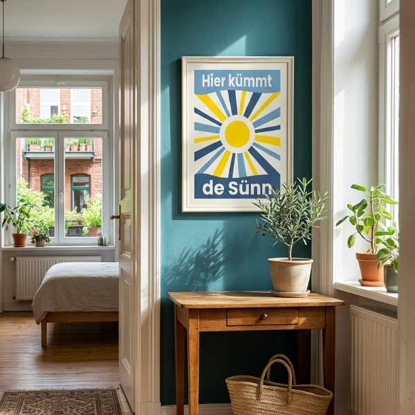 Poster here comes the sun auf plattdeutsch blau gelb