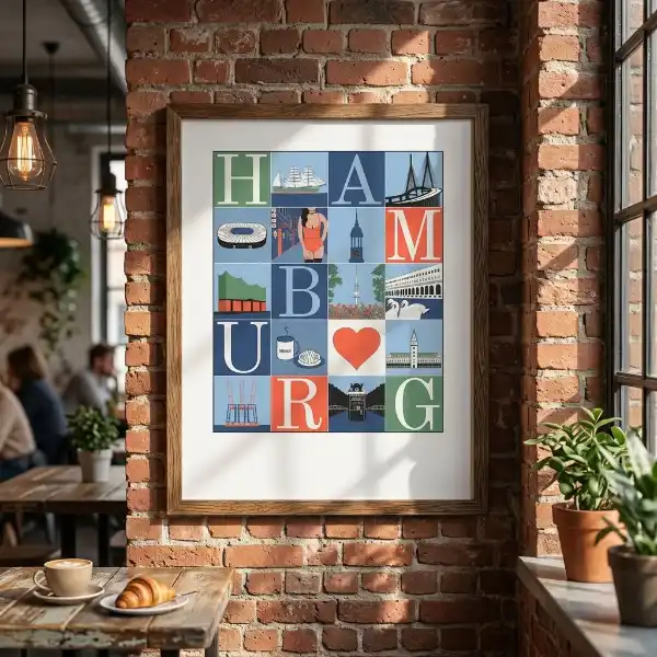 Hamburg Grafikposter orange blau grün mit Hamburger Wahrzeichen