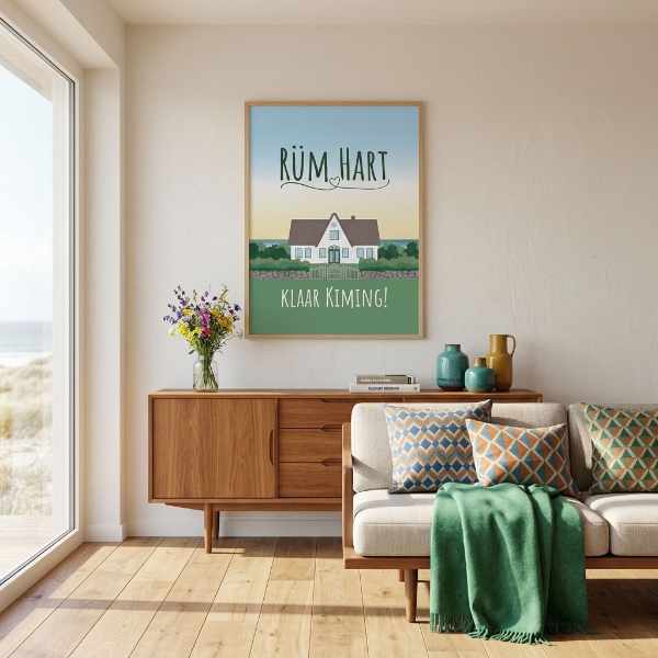 Friesenhaus Illustration Poster mit Blumenstrauß in Wohnzimmer
