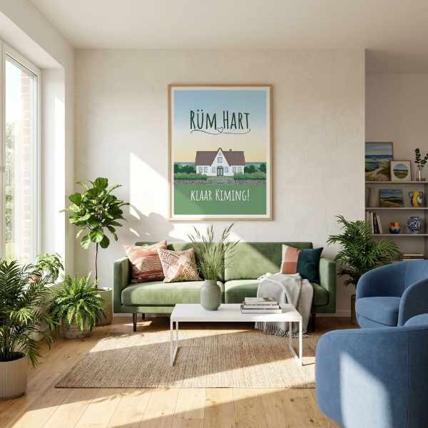 Friesenhaus Illustration Poster über grünem Sofa